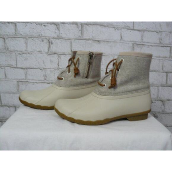 Sperry Satlwater Linen Wool Duck Boots Off White Zip & Lace Up 8 NEW S448 - Picture 2 of 7